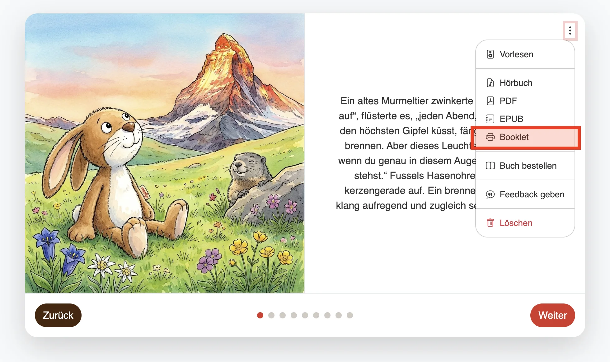 Die geöffnete Geschichte in der Knuffel-App. Rechts klappt das Kontextmenü mit den Download-Optionen auf, der Eintrag „Booklet“ ist rot hervorgehoben.