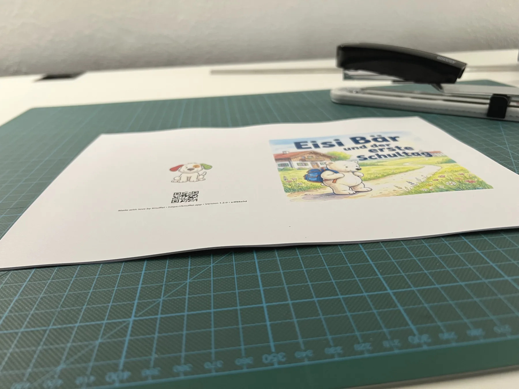 Der ausgedruckte Bogen liegt auf einer grünen Schneidematte, rechts das aufgedruckte Cover „Eisi Bär und der erste Schultag“. Daneben liegt ein Langarmtacker bereit.