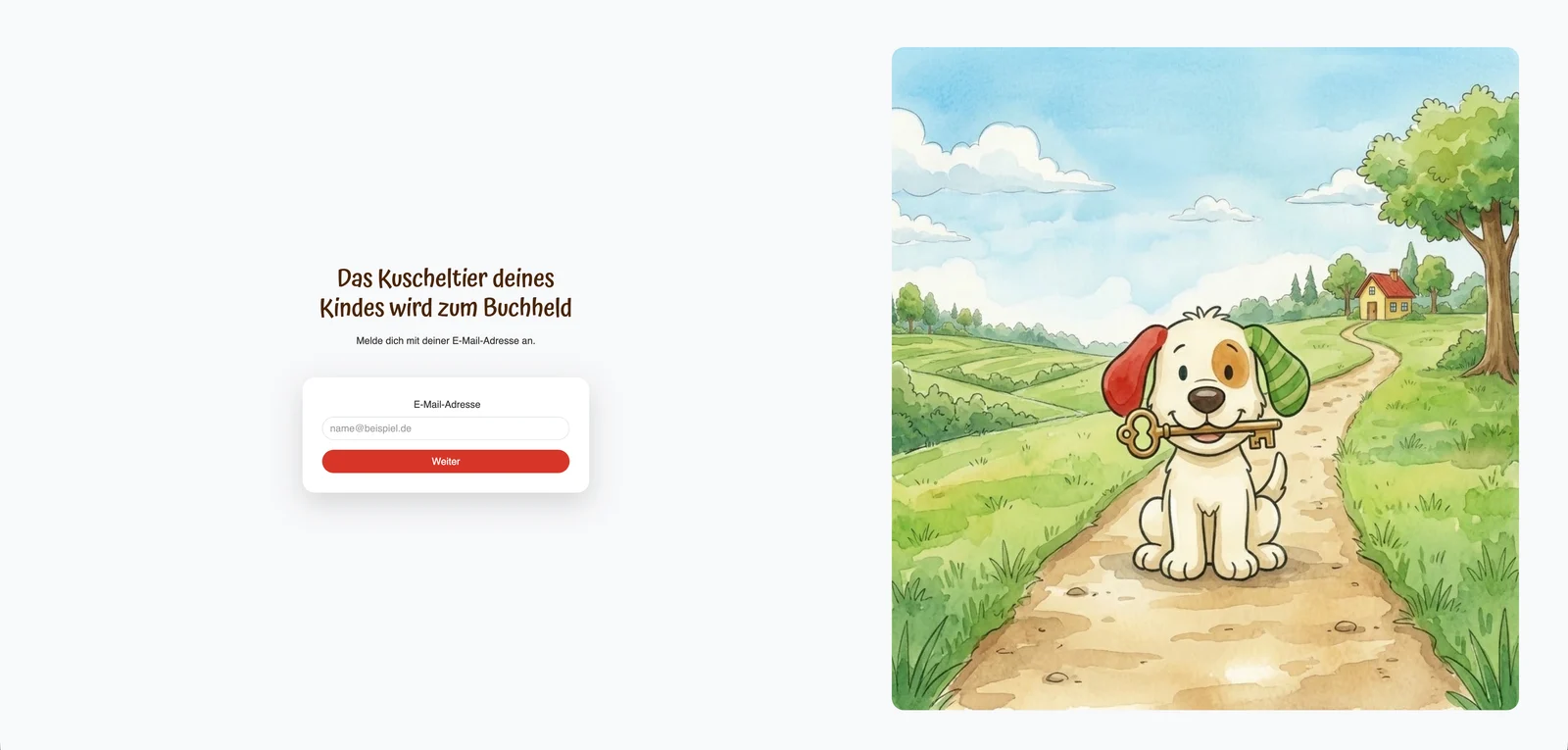 Die Anmeldeseite der Knuffel-App: links die Überschrift „Das Kuscheltier deines Kindes wird zum Buchheld" mit einem einzelnen Feld für die E-Mail-Adresse und der Schaltfläche „Weiter", rechts die Illustration eines Hundes, der einen Schlüssel im Maul trägt.