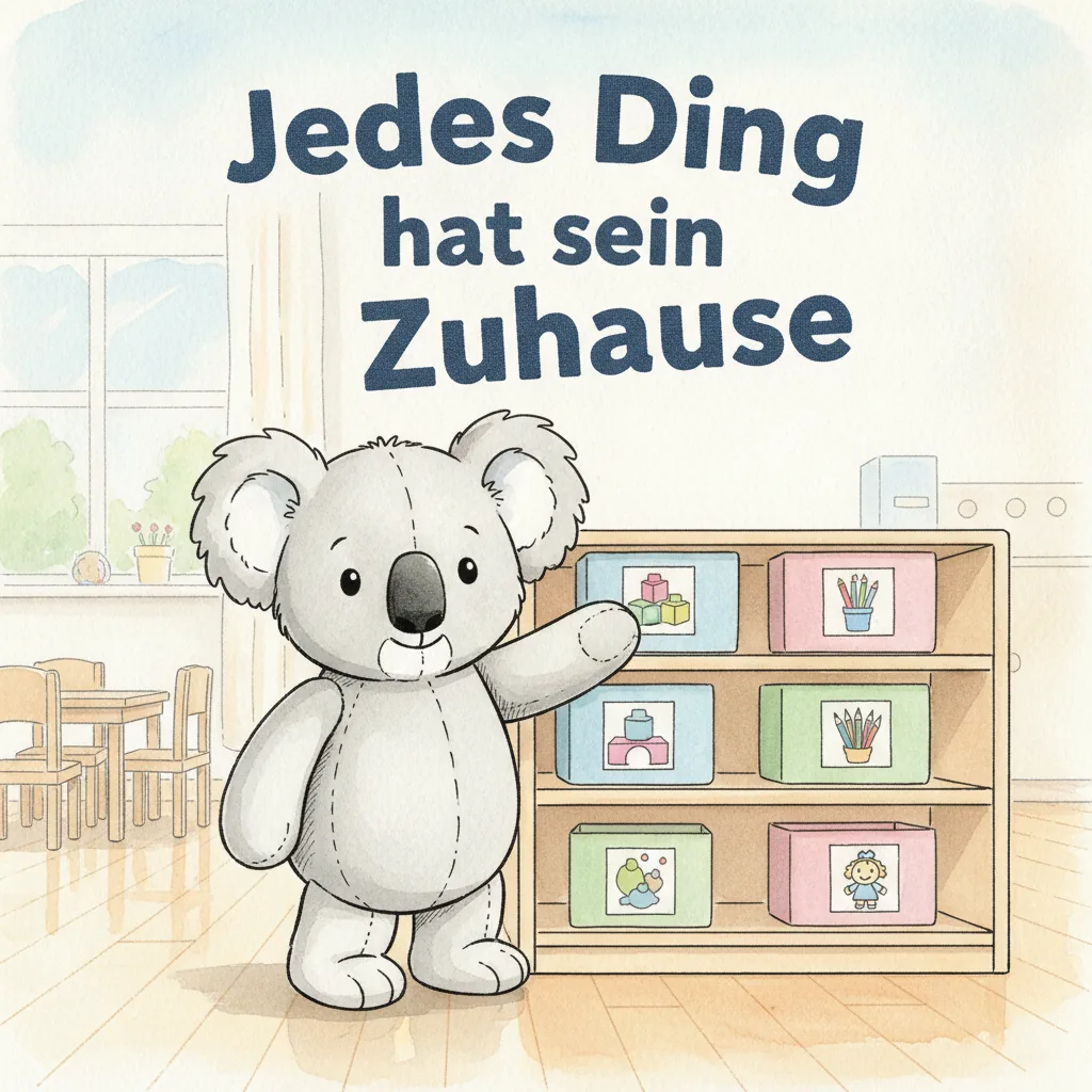 Beispiel-Buchcover „Jedes Ding hat sein Zuhause“ für ein Gruppenbuch zum Thema Aufräumen und Ordnung