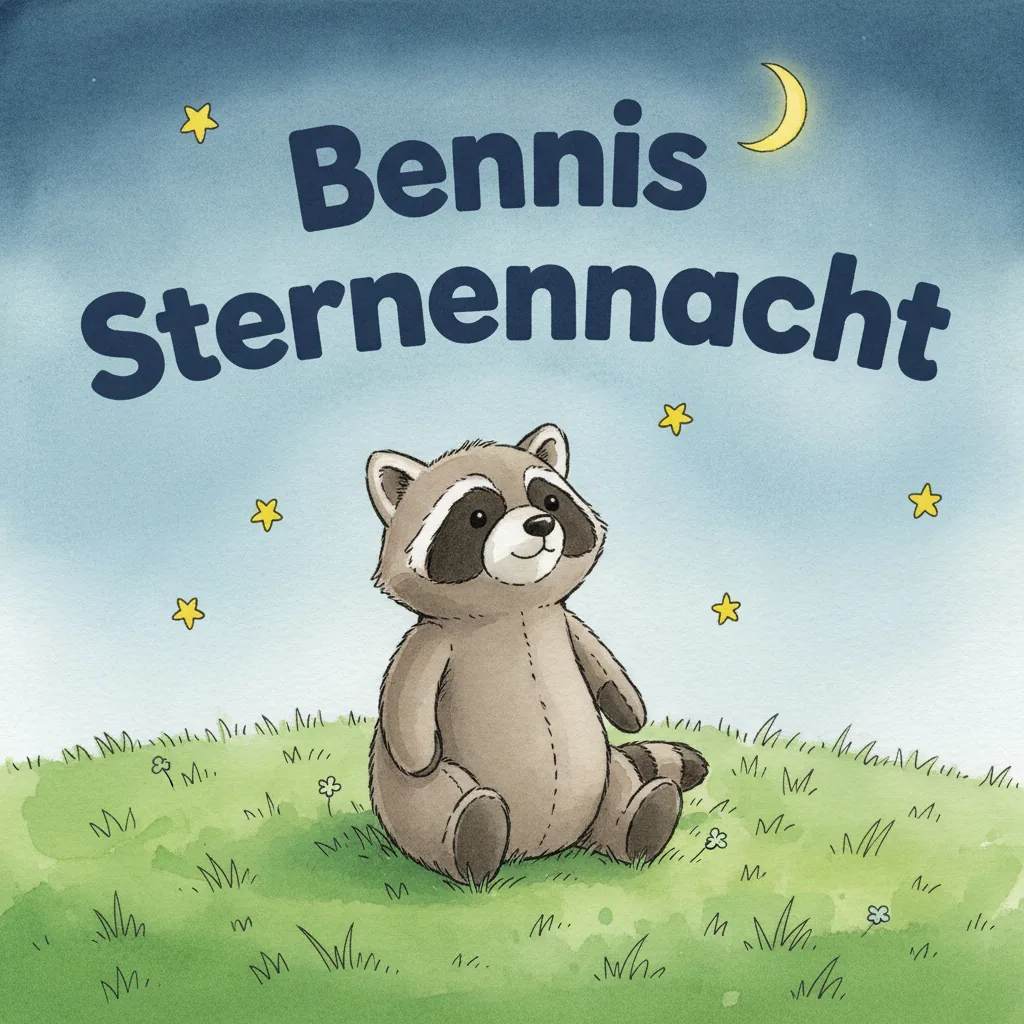 Beispiel-Buchcover „Bennis gute Nacht" mit dem Plüsch-Waschbären als Held