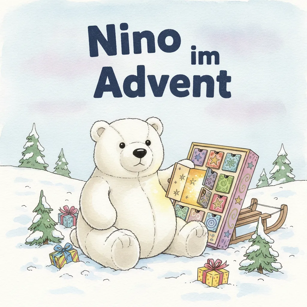 Beispiel-Buchcover „Nino im Advent": der Plüsch-Eisbär öffnet das größte Türchen eines bunt bemalten Holzkalenders in verschneiter Winterlandschaft