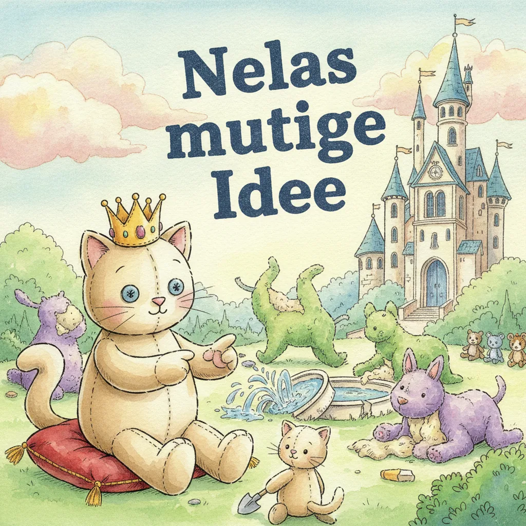Beispiel-Buchcover „Nelas mutige Idee": die Plüsch-Katze mit goldener Krone sitzt auf einem roten Kissen in einem Schlossgarten mit Formschnitt-Hecken und Springbrunnen, dahinter ein Märchenschloss