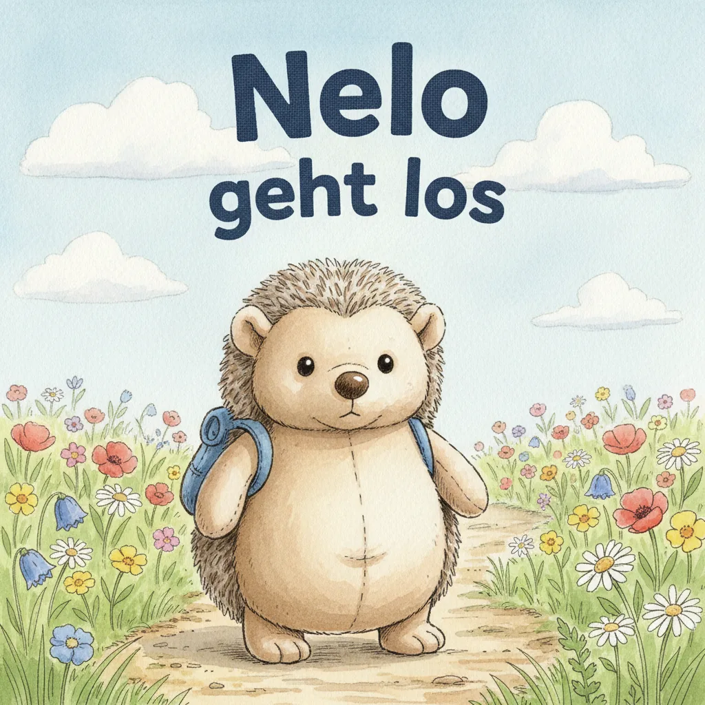 Beispiel-Buchcover „Nelo geht los" mit dem Plüsch-Igel als Held