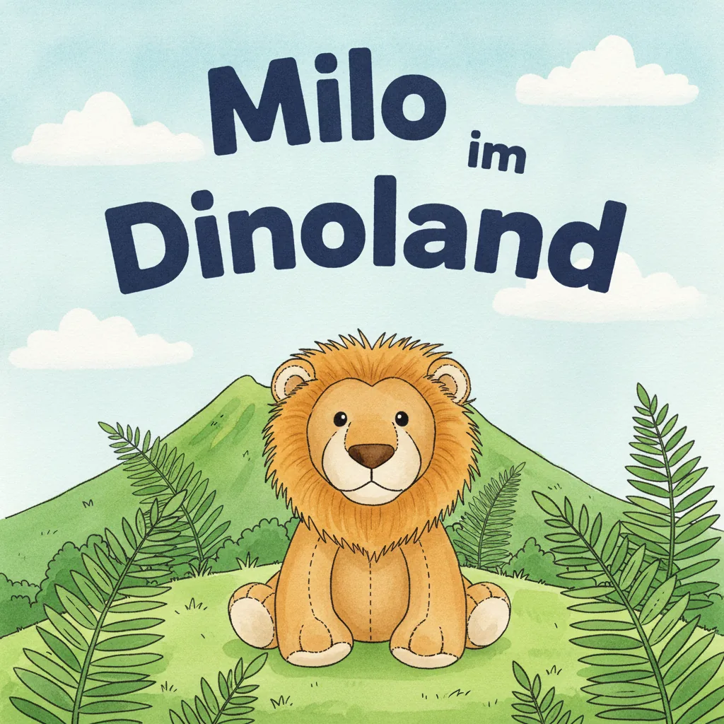 Beispiel-Buchcover „Milo im Dinoland" mit dem Plüsch-Löwen als Held