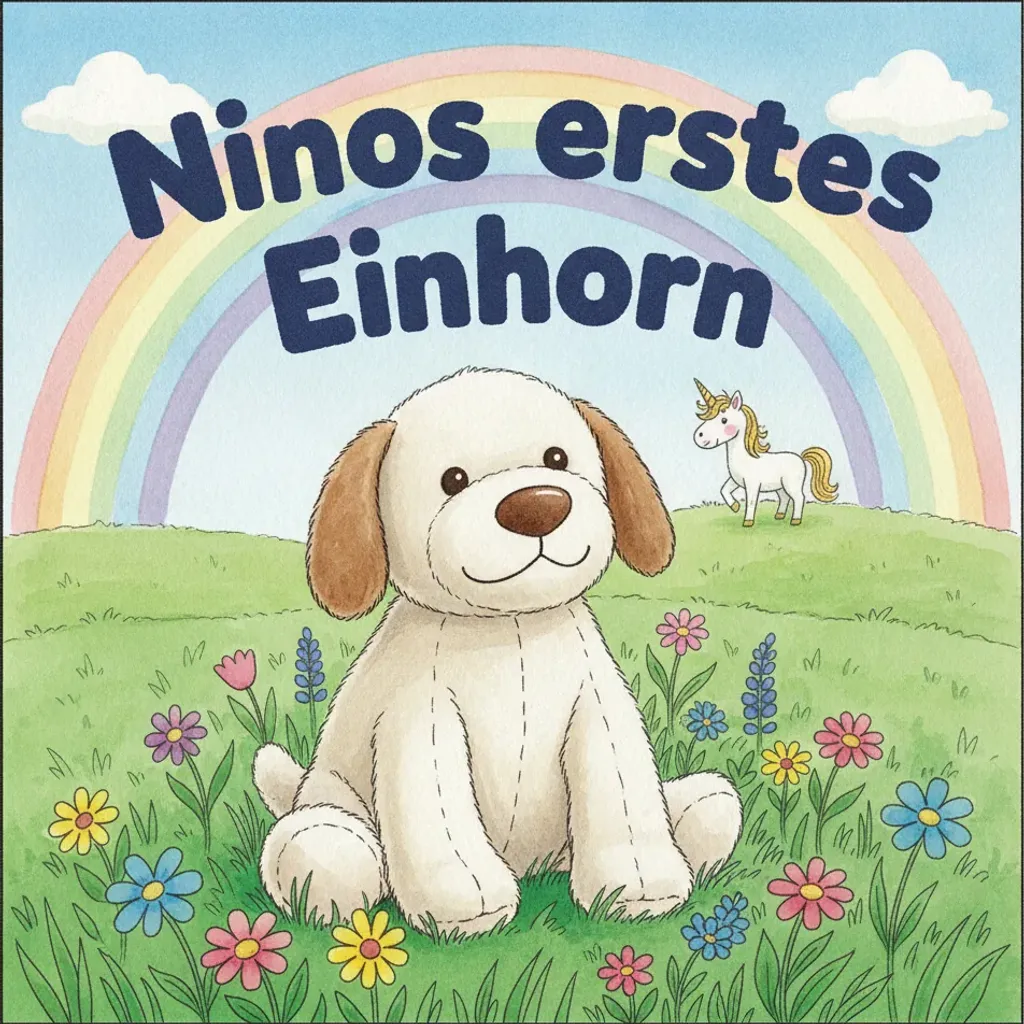 Beispiel-Buchcover „Ninos erstes Einhorn" mit dem Plüsch-Hund als Held
