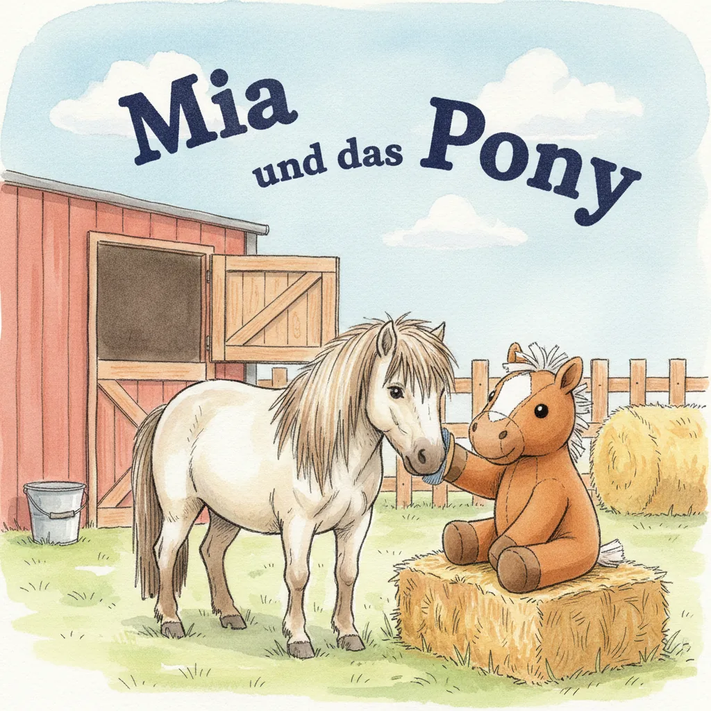 Beispiel-Buchcover „Mia und das Pony": das Plüsch-Pony striegelt ein freundliches Pony auf der Koppel, dahinter Stall und Zaun
