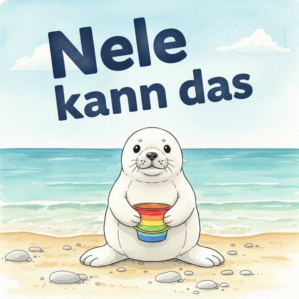 Beispiel-Buchcover „Nele kann das" mit der Plüsch-Robbe als Held