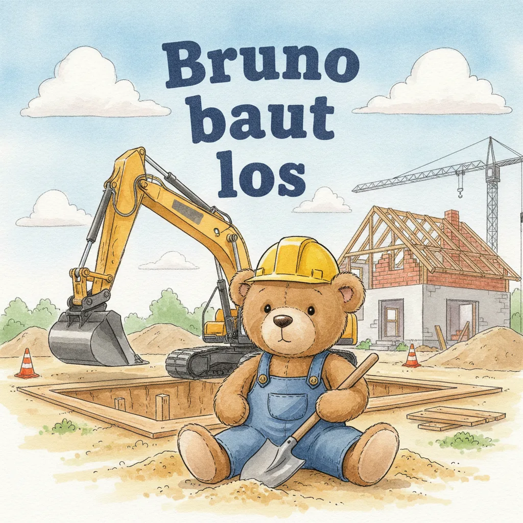 Beispiel-Buchcover „Bruno baut los": der Plüsch-Bär mit gelbem Bauhelm und blauer Latzhose sitzt im Sand einer Baustelle und hält eine Schaufel, dahinter ein gelber Bagger und der Rohbau eines Hauses