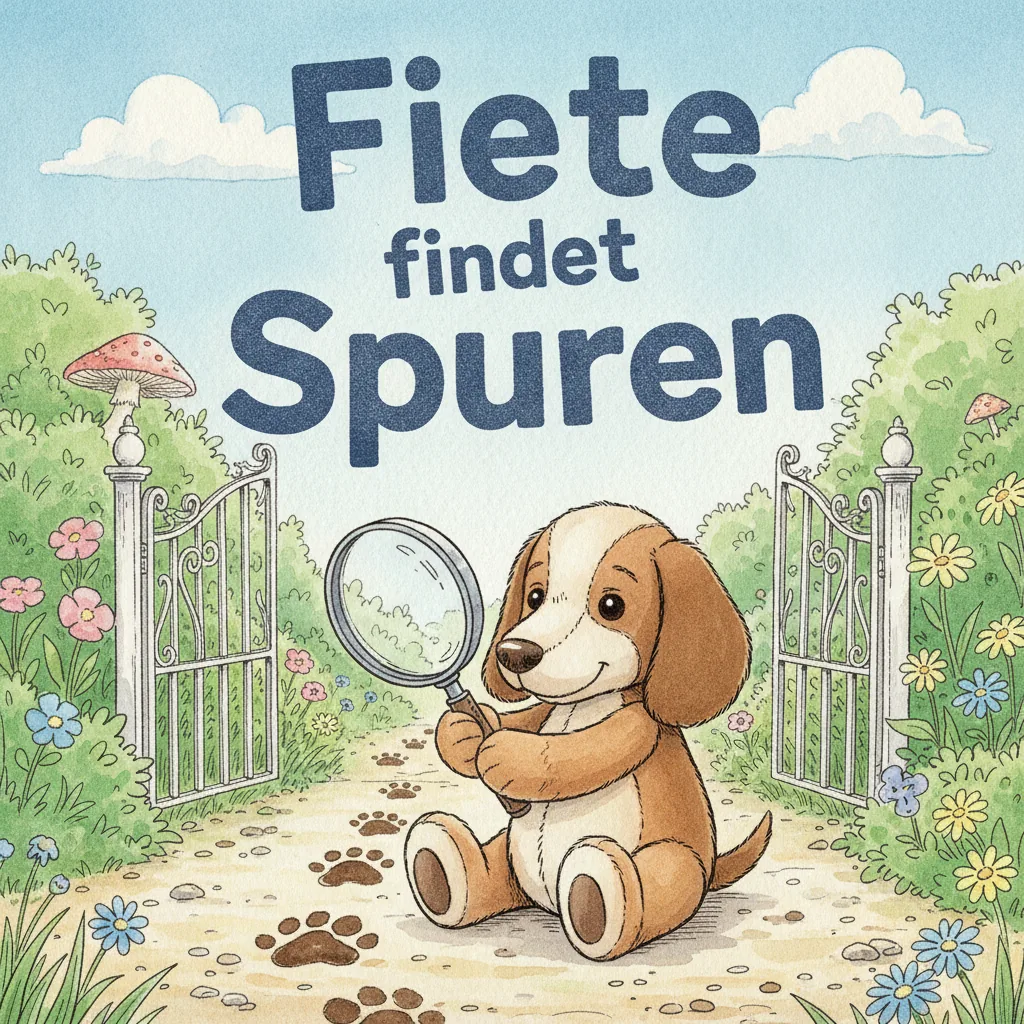 Beispiel-Buchcover „Fiete findet Spuren": der Plüsch-Dackel sitzt auf einem sonnigen Gartenweg und hält mit beiden Vorderpfoten eine große Lupe, davor eine Spur aus Pfotenabdrücken, dahinter ein offenes weißes Gartentor