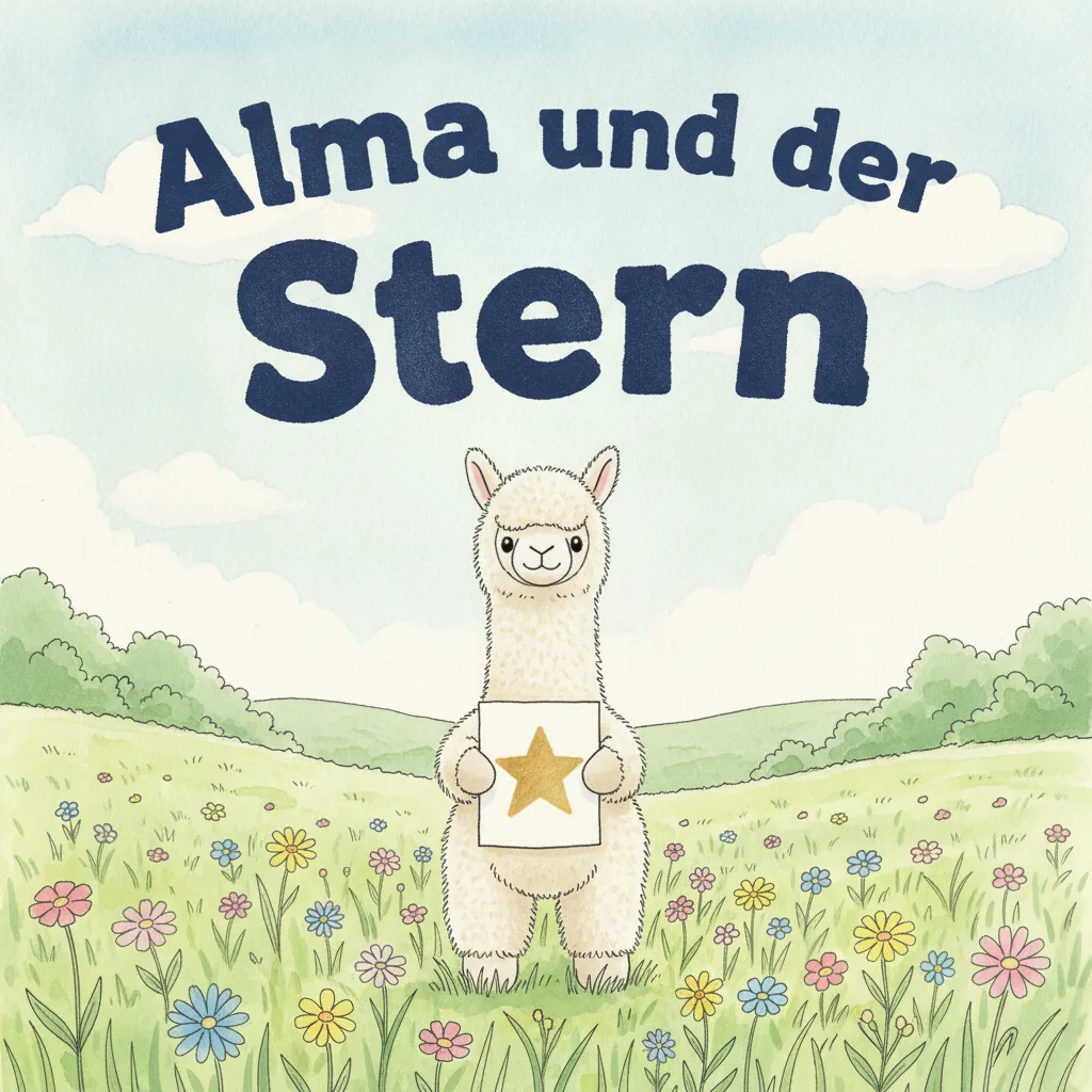 Beispiel-Buchcover „Alma und der Stern" mit dem Plüsch-Alpaka als Held