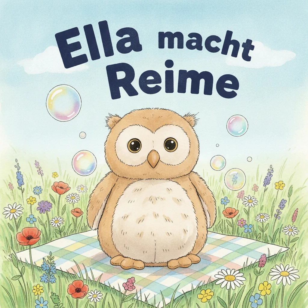 Beispiel-Buchcover „Ella macht Reime" mit der Plüsch-Eule als Heldin