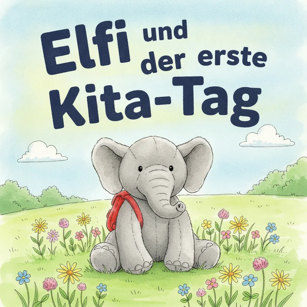 Beispiel-Buchcover „Elfi und der erste Kita-Tag" mit dem Plüsch-Elefanten als Held