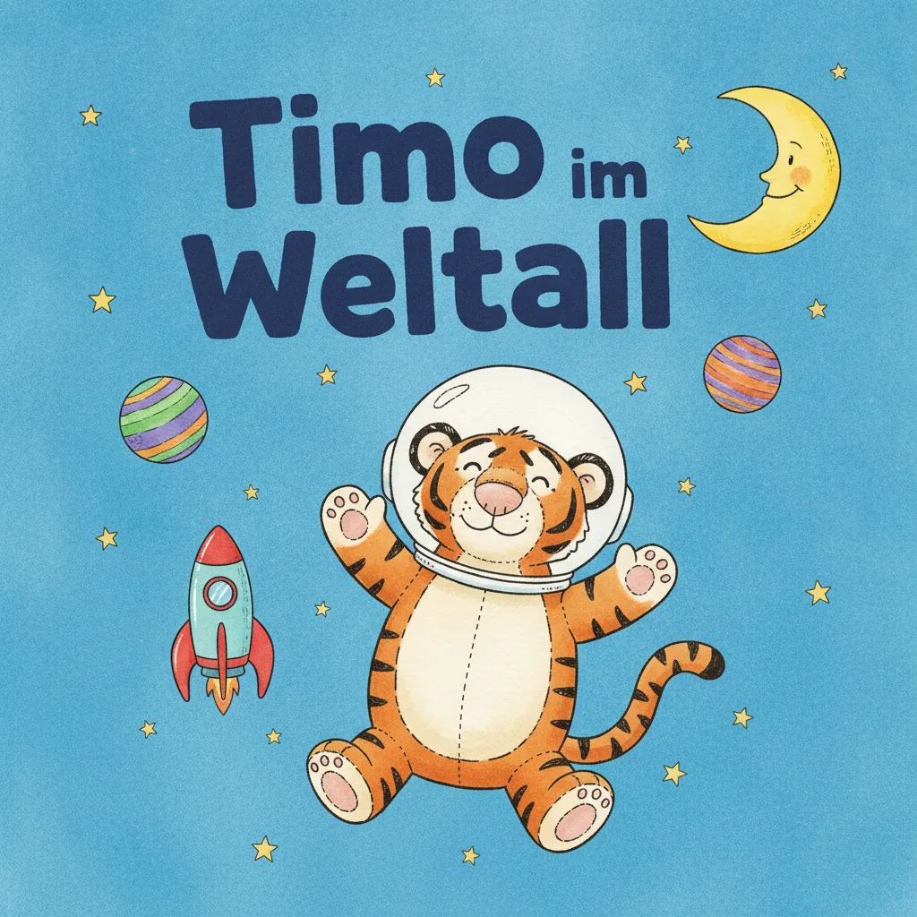 Beispiel-Buchcover „Timo im Weltall": der Plüsch-Tiger im Helm schwebt neben einer freundlichen Rakete zwischen bunten Planeten und einem lächelnden Mond