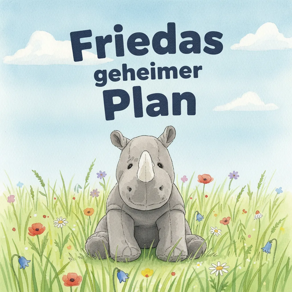 Beispiel-Buchcover „Friedas geheimer Plan" mit dem Plüsch-Nashorn als Held