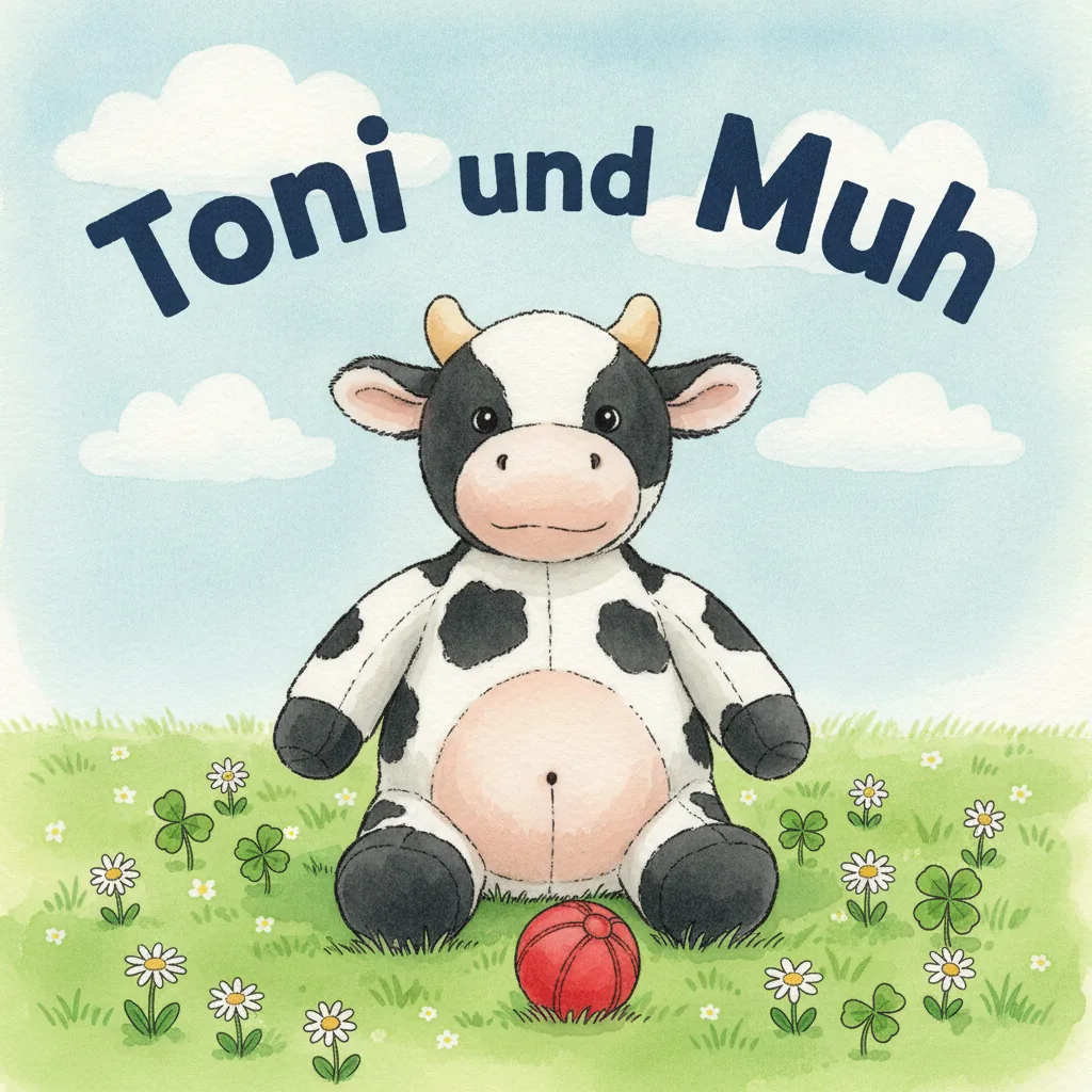 Beispiel-Buchcover „Toni und Muh" mit der Plüsch-Kuh als Held