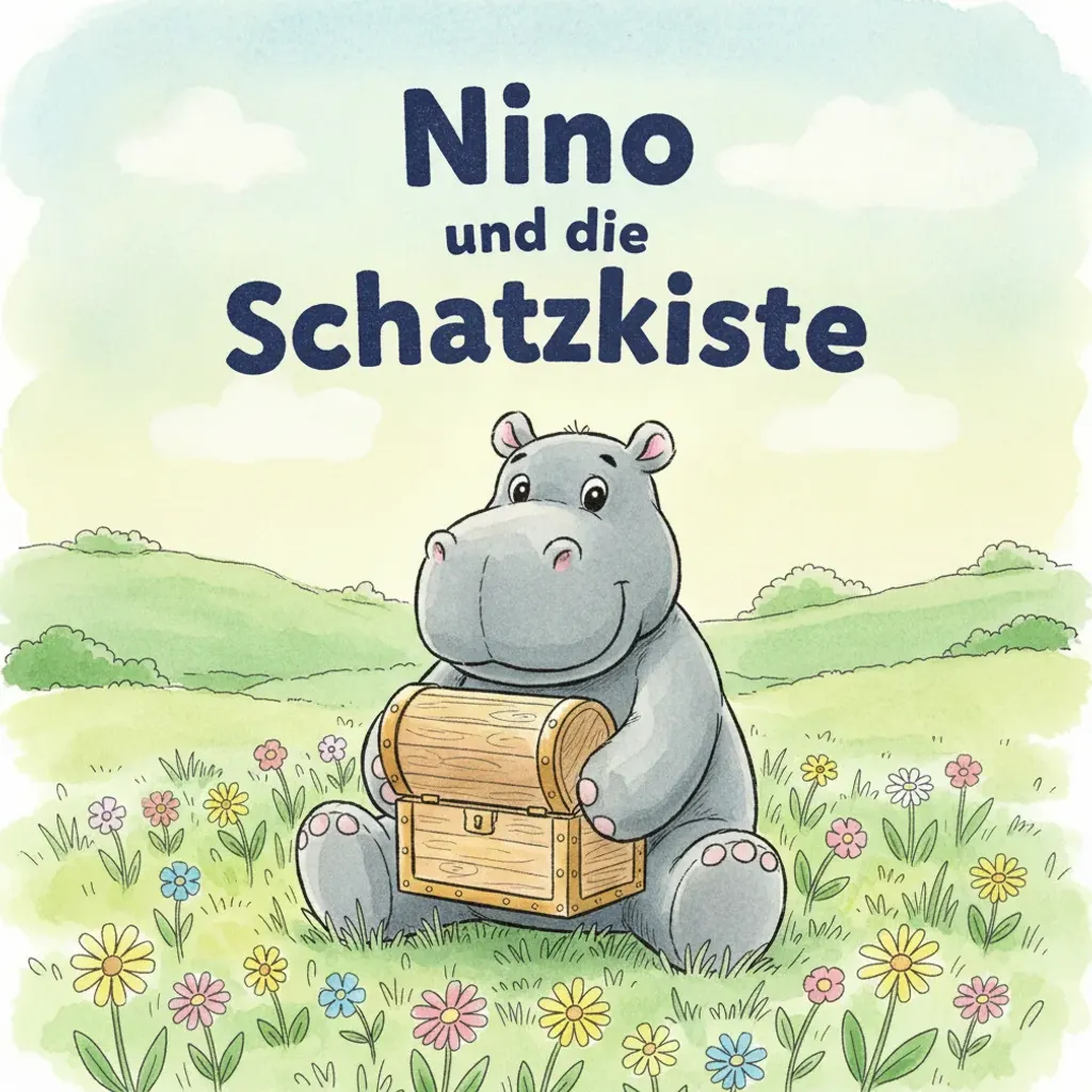 Beispiel-Buchcover „Nino und die Schatzkiste" mit dem Plüsch-Nilpferd als Held