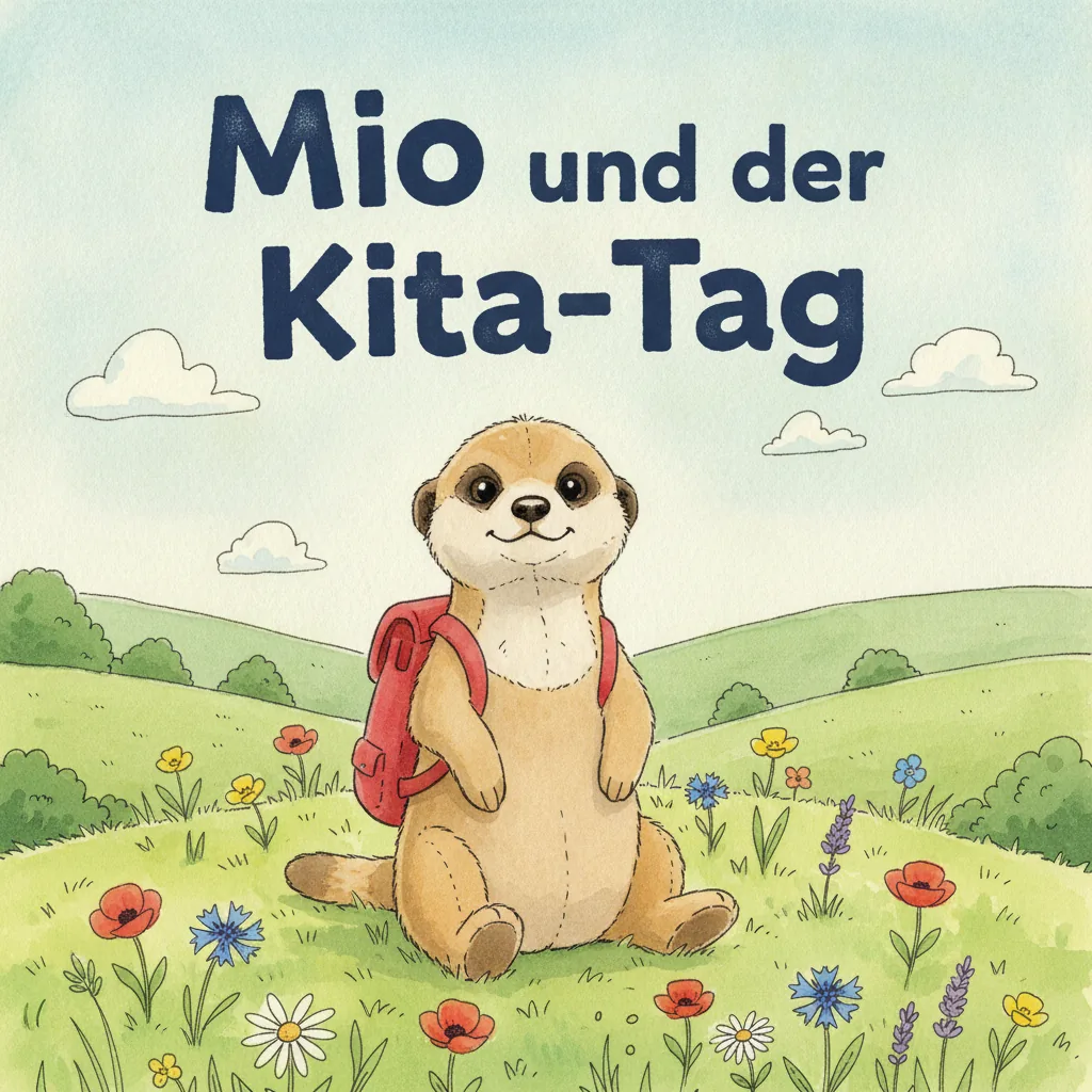 Beispiel-Buchcover „Mio und der Kita-Tag" mit dem Plüsch-Erdmännchen als Held