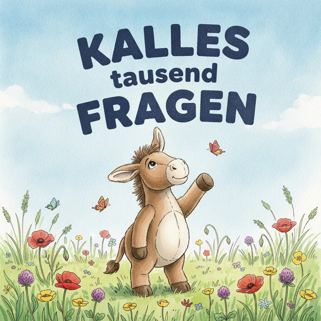 Beispiel-Buchcover „Kalles tausend Fragen" mit dem Plüsch-Esel als Held