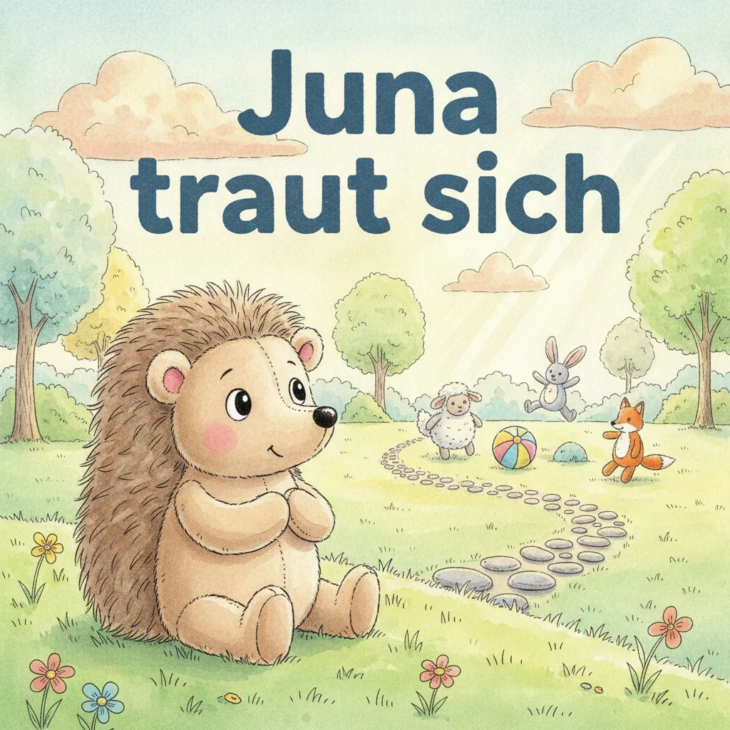 Beispiel-Buchcover „Juna traut sich": der Plüsch-Igel sitzt am Rand einer sonnigen Wiese, vor ihm führen Trittsteine zu spielenden Tieren im Hintergrund