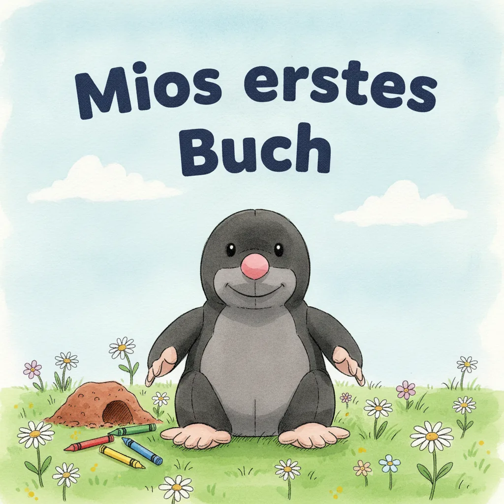 Beispiel-Buchcover „Mios erstes Buch" mit dem Plüsch-Maulwurf als Held