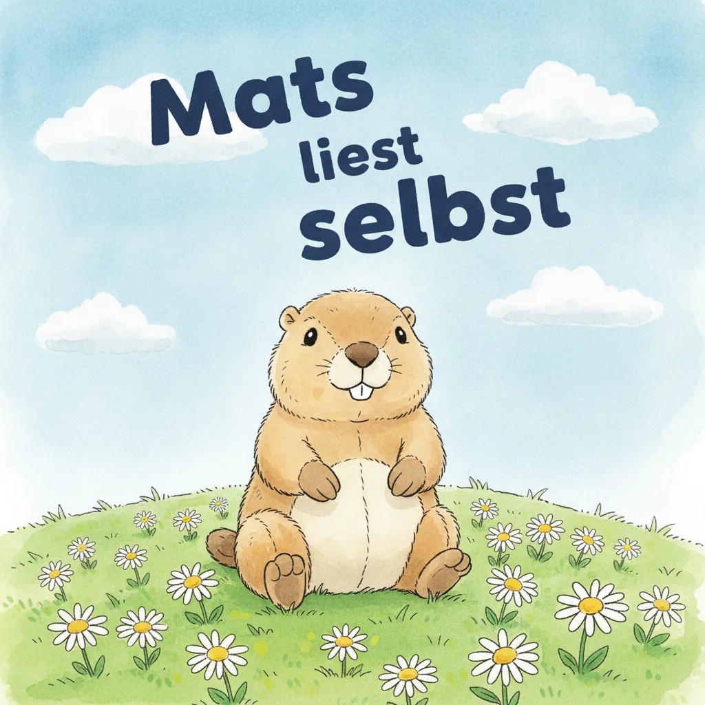 Beispiel-Buchcover „Mats liest selbst" mit dem Plüsch-Murmeltier als Held