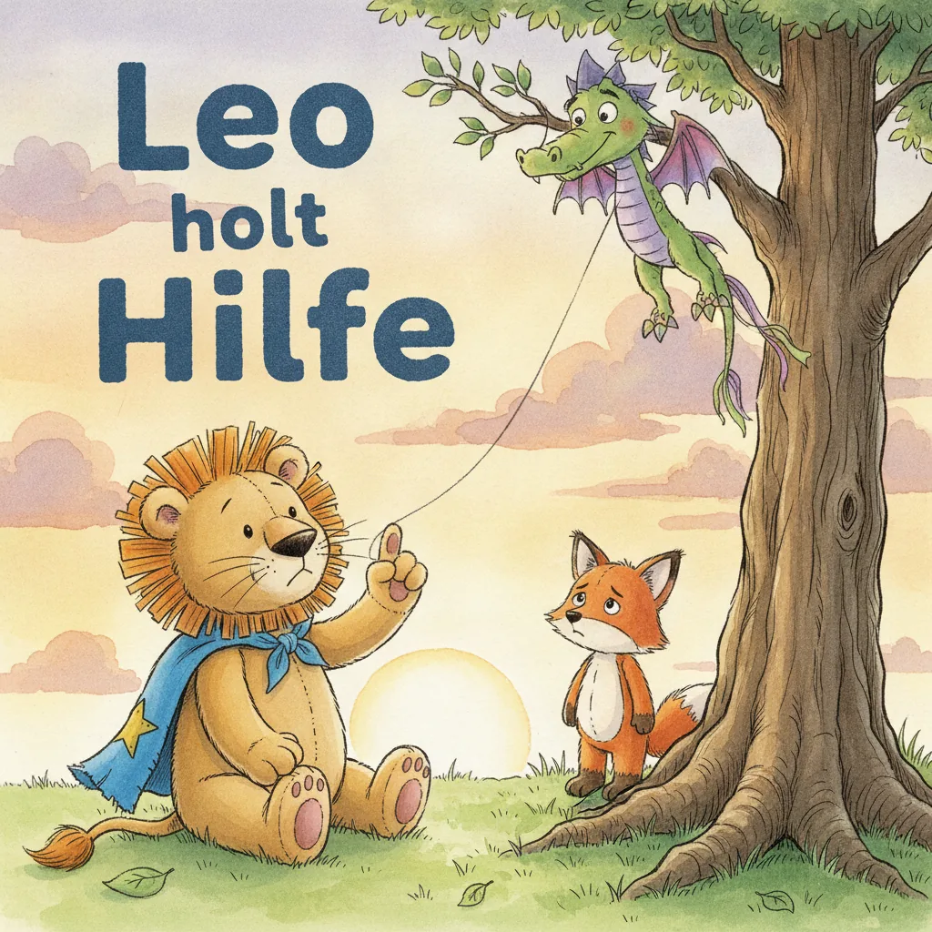 Beispiel-Buchcover „Leo holt Hilfe": der Plüsch-Löwe mit blauem Umhang sitzt auf einer Wiese und hält die Schnur eines Drachens, der in einem großen Baum hängt, daneben schaut ein kleiner Fuchs zu