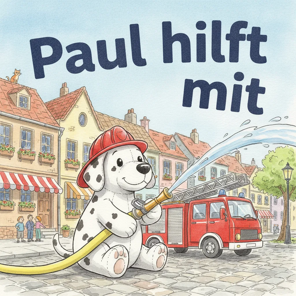 Beispiel-Buchcover „Paul hilft mit": der Plüsch-Dalmatiner mit rotem Helm hält einen Feuerwehrschlauch auf einem Marktplatz, hinter ihm ein rotes Feuerwehrauto mit Drehleiter und bunte Altstadthäuser