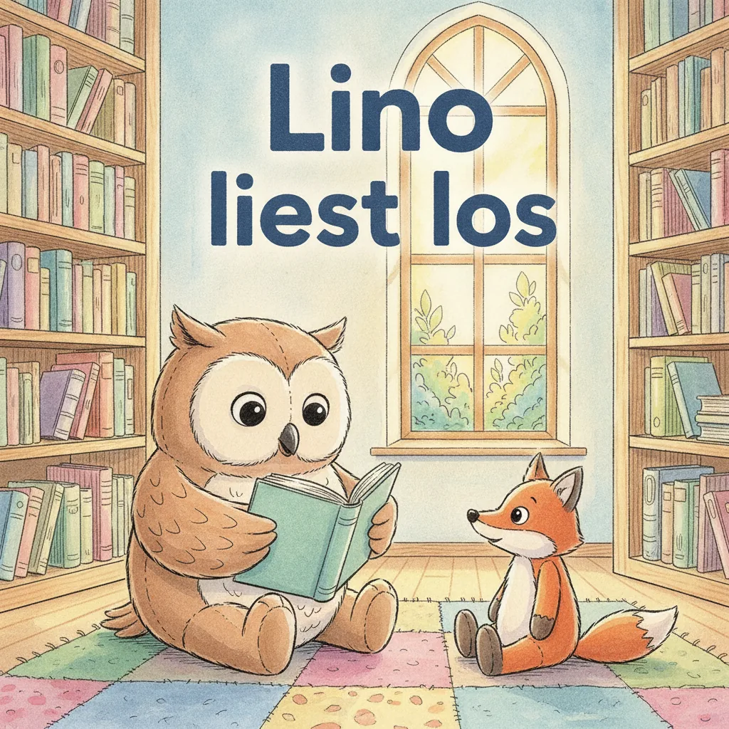 Beispiel-Buchcover „Lino liest los": die Plüsch-Eule sitzt auf einem bunten Teppich in einer Bibliothek und liest in einem aufgeschlagenen Buch, daneben hört ein kleiner Fuchs zu
