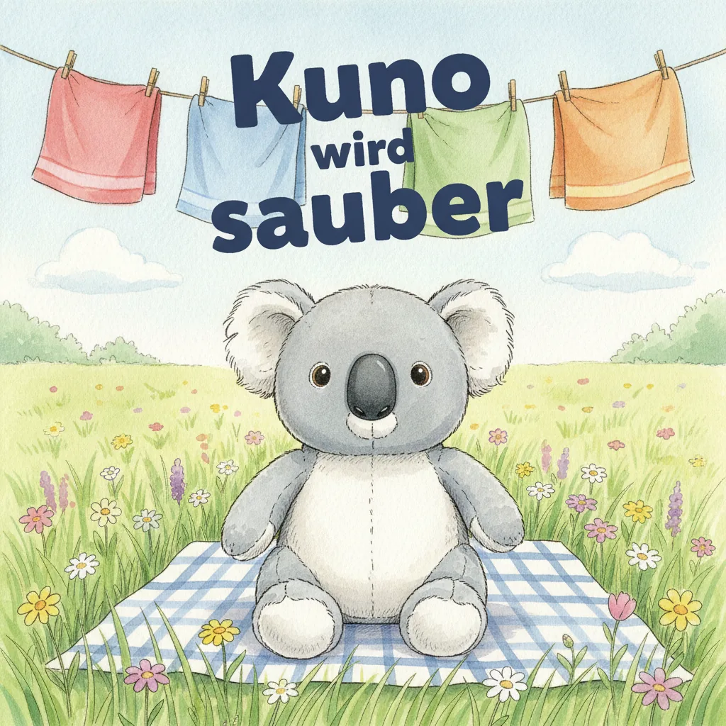 Beispiel-Buchcover „Kuno wird sauber" mit dem Plüsch-Koala als Held