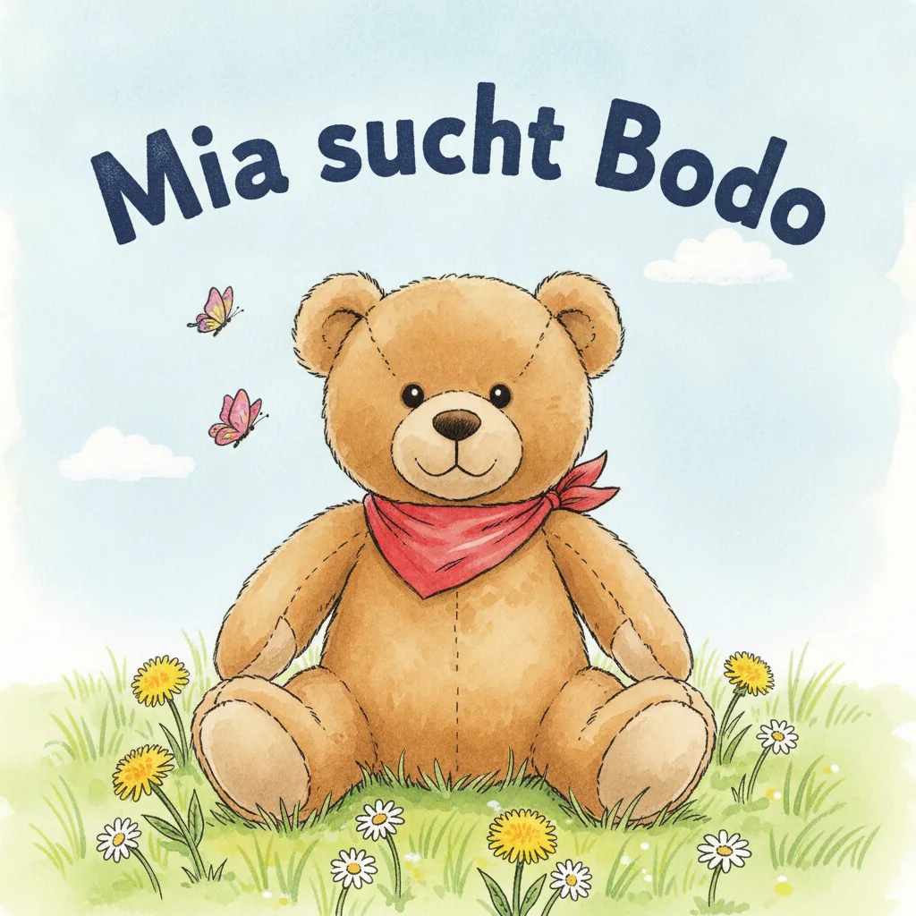 Beispiel-Buchcover „Mia sucht Bodo" mit dem Plüsch-Bären als Held