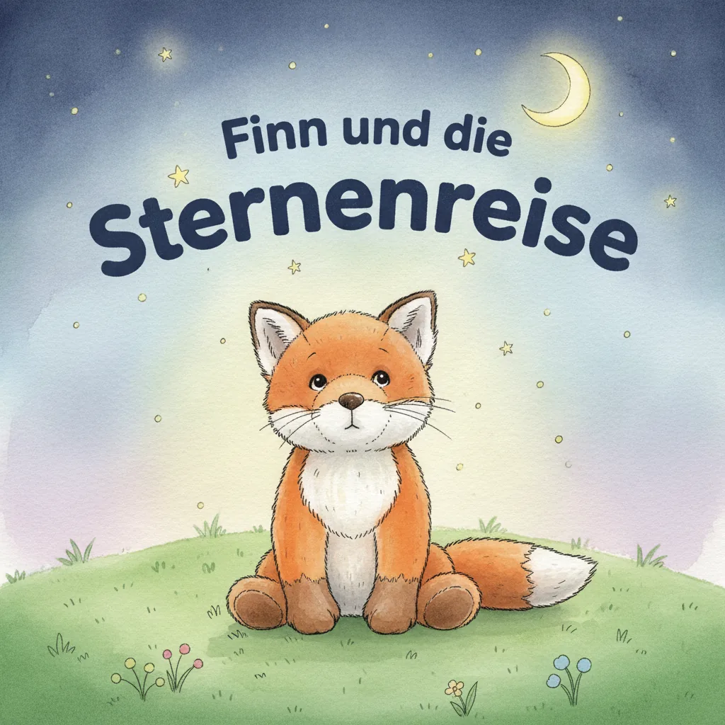 Beispiel-Buchcover „Finn und die Sternenreise" mit dem Plüsch-Fuchs als Held