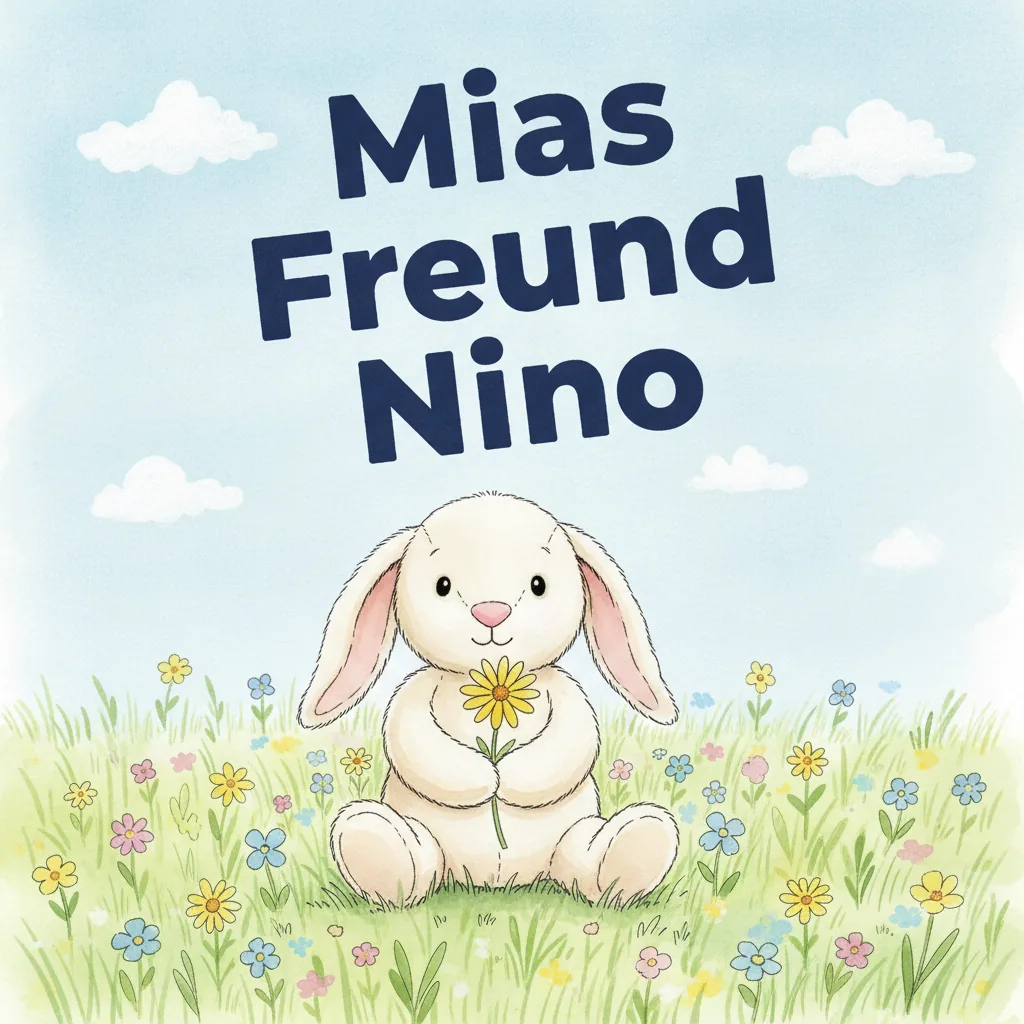 Beispiel-Buchcover „Mias Freund Nino" mit dem Plüsch-Hasen als Held