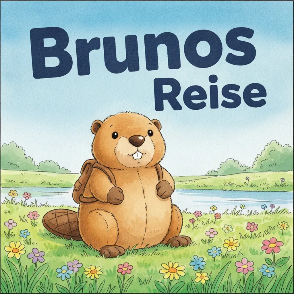 Beispiel-Buchcover „Brunos Reise" mit dem Plüsch-Biber als Held