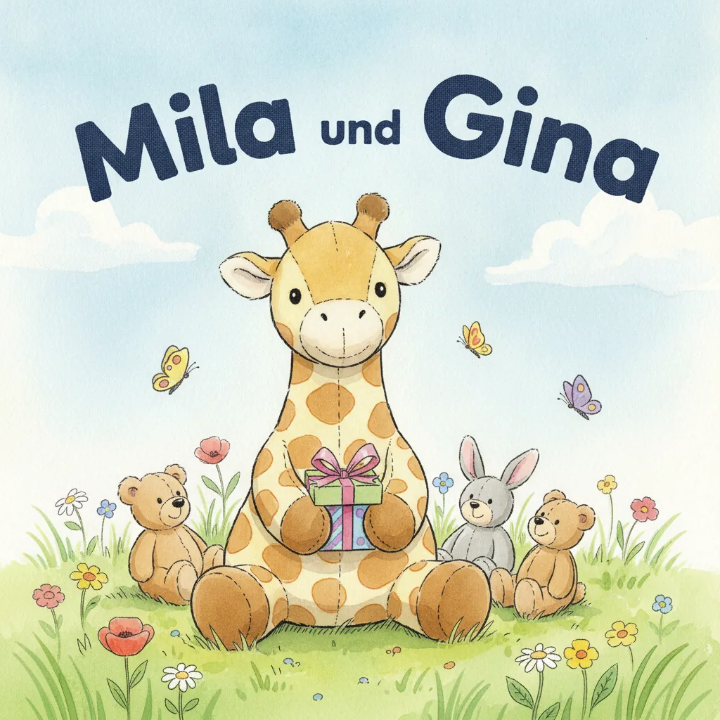 Beispiel-Buchcover „Mila und Gina" mit der Plüsch-Giraffe als Held