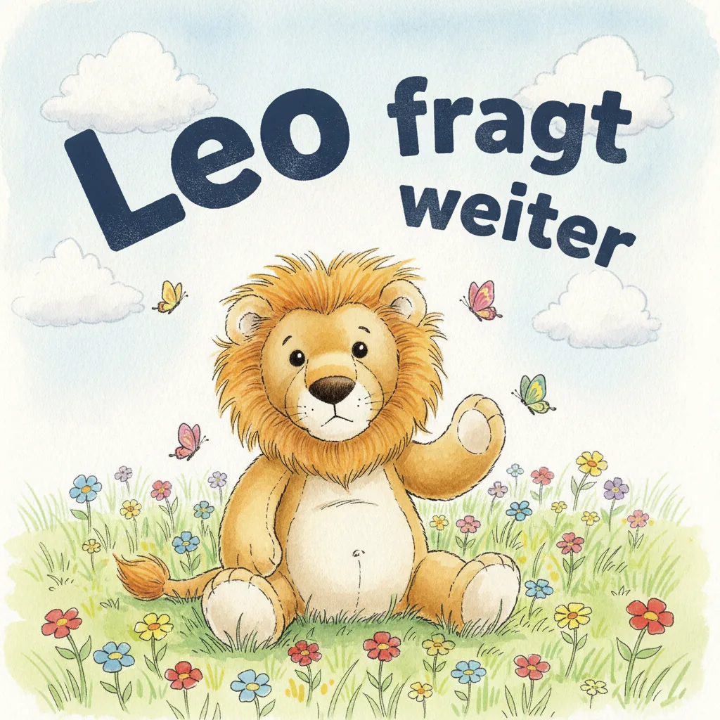 Beispiel-Buchcover „Leo fragt weiter" mit dem Plüsch-Löwen als Held