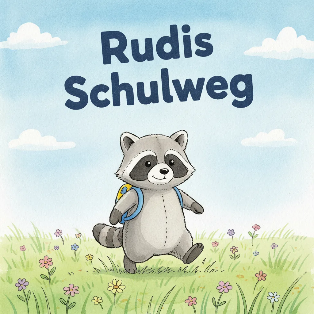 Beispiel-Buchcover „Rudis Schulweg" mit dem Plüsch-Waschbären als Held