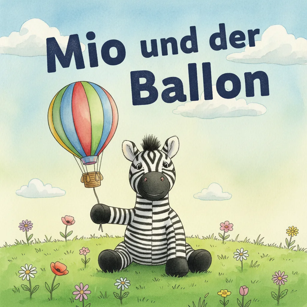 Beispiel-Buchcover „Mio und der Ballon" mit dem Plüsch-Zebra als Held