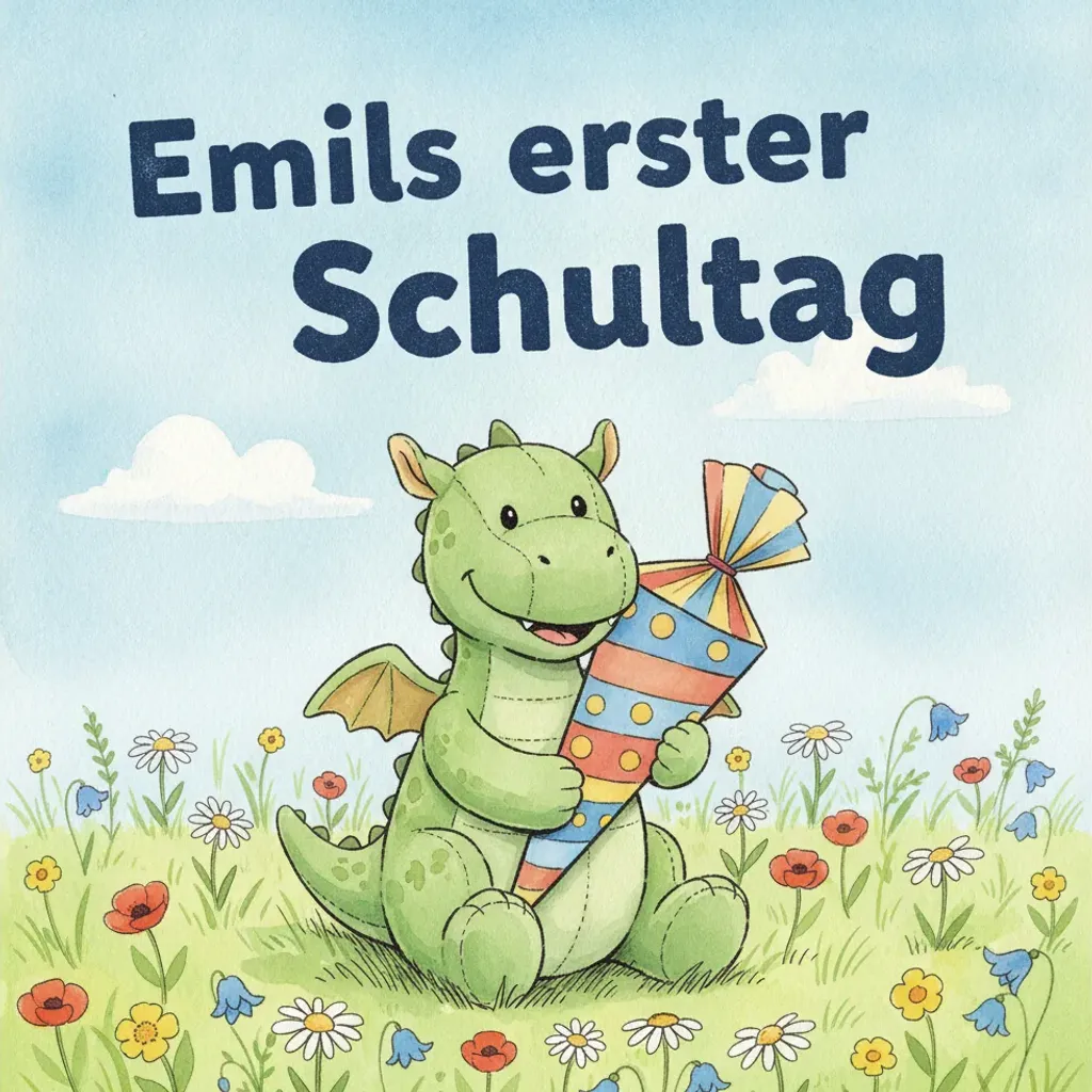 Beispiel-Buchcover „Emils erster Schultag" mit dem Plüsch-Drachen als Held