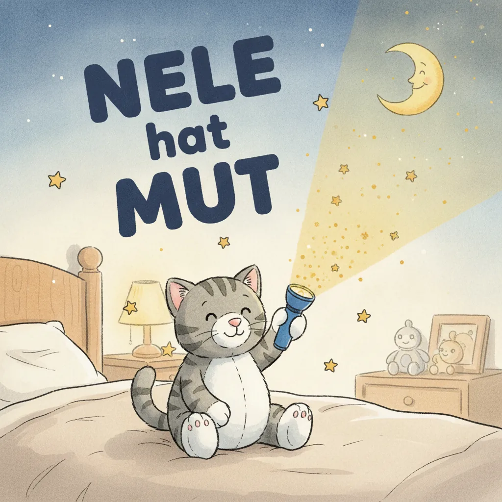 Beispiel-Buchcover „Nele hat Mut": die Plüsch-Katze hält lächelnd eine leuchtende Taschenlampe hoch, um sie herum freundliche Sterne