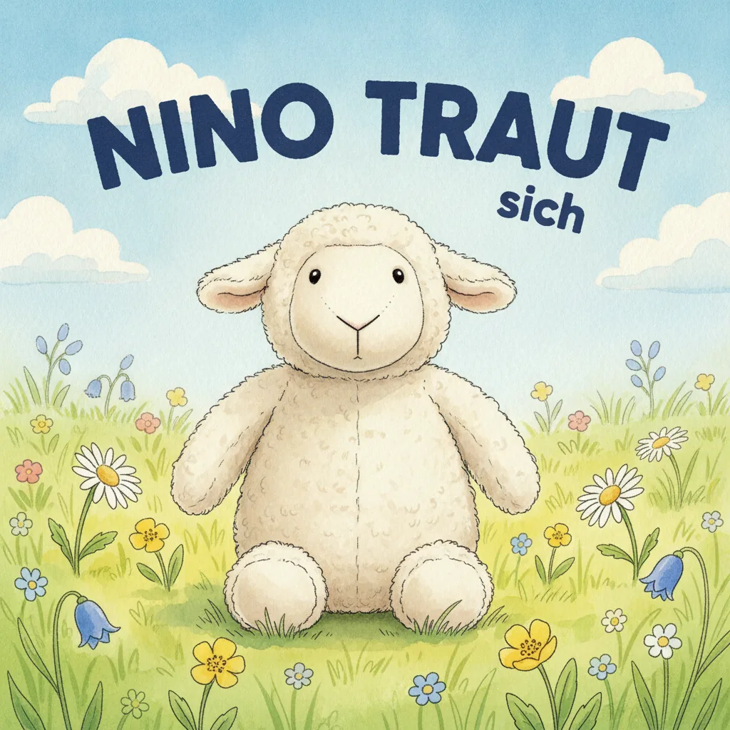 Beispiel-Buchcover „Nino traut sich" mit dem Plüsch-Schaf als Held