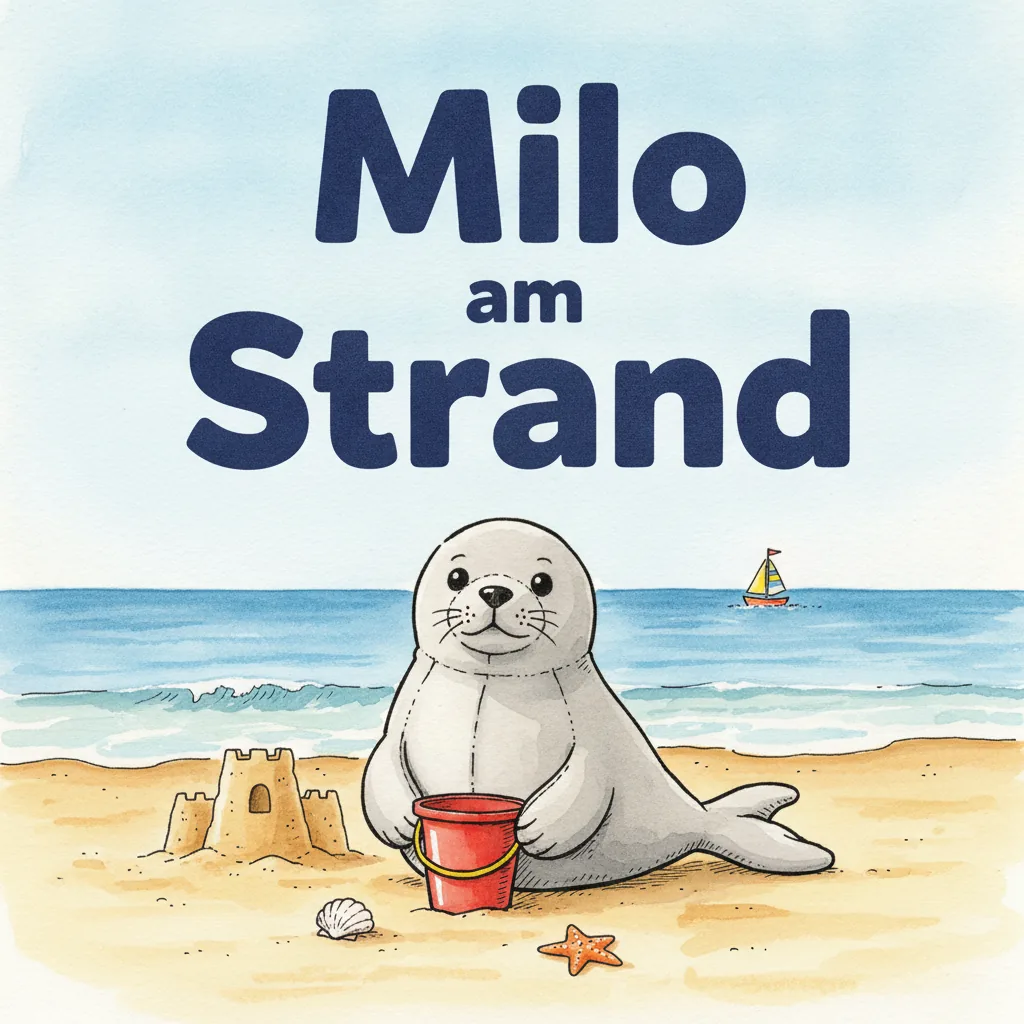 Beispiel-Buchcover „Milo am Strand" mit der Plüsch-Robbe als Held