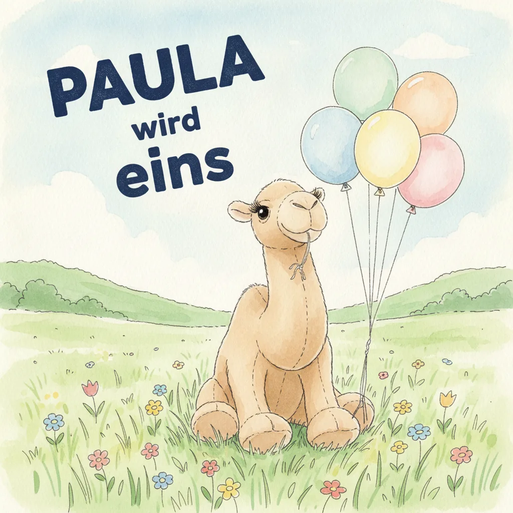 Beispiel-Buchcover „Paula wird eins" mit dem Plüsch-Kamel als Held