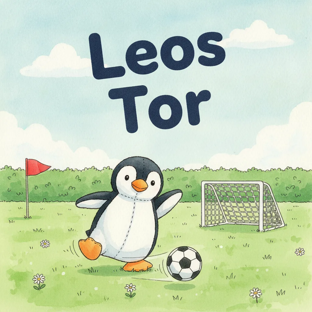 Beispiel-Buchcover „Leos Tor": der Plüsch-Pinguin schießt einen Fußball auf ein kleines Tor, dahinter Wiese und Eckfahne