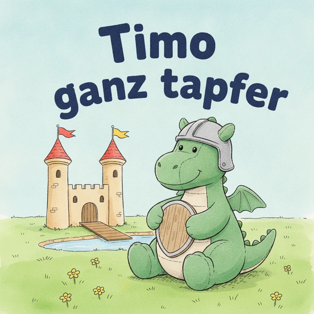 Beispiel-Buchcover „Timo ganz tapfer": der Plüsch-Drache mit Spielzeughelm hält ein kleines Holzschild, hinter ihm eine freundliche Burg mit Zugbrücke und Wimpeln