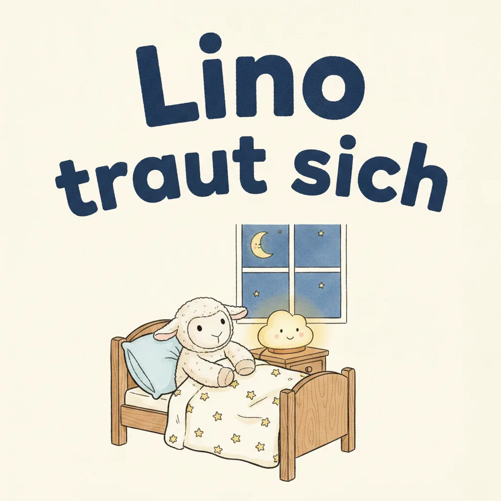 Beispiel-Buchcover „Lino traut sich" mit dem Plüsch-Lamm, das zufrieden im eigenen Bett liegt