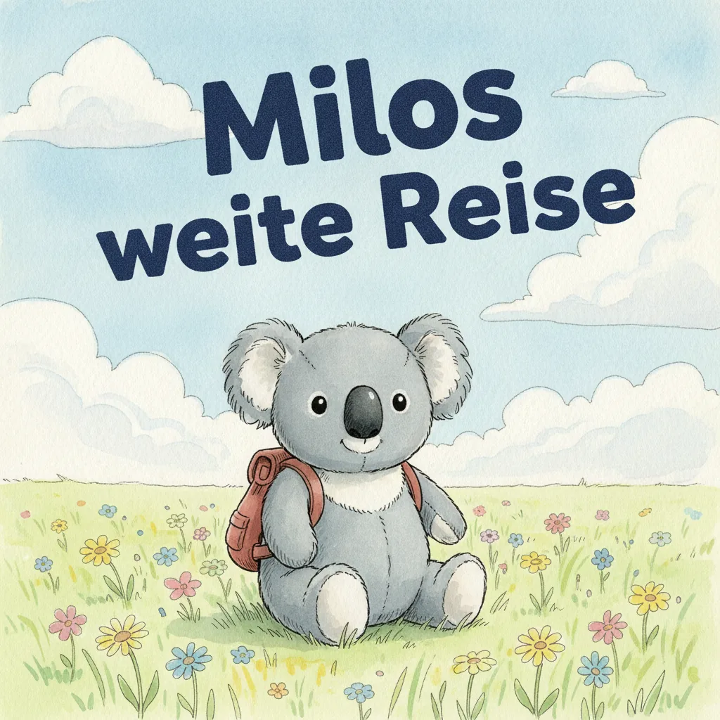 Beispiel-Buchcover „Milos weite Reise" mit dem Plüsch-Koala als Held