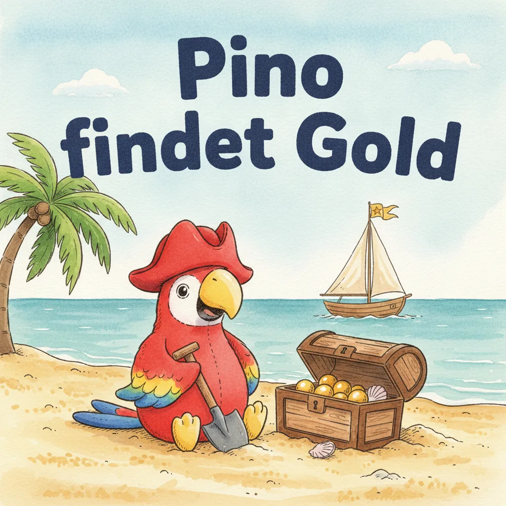 Beispiel-Buchcover „Pino findet Gold": der Plüsch-Papagei mit rotem Piratenhut gräbt am Strand eine hölzerne Schatztruhe aus, dahinter ankert ein Segelschiff in der Bucht