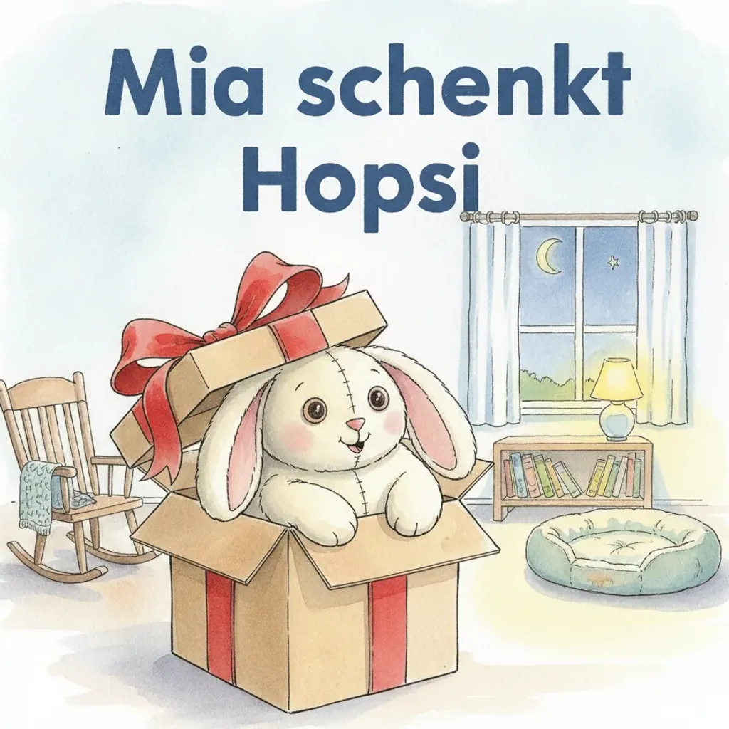 Beispiel-Buchcover „Mia schenkt Hopsi": der cremefarbene Plüsch-Hase sitzt in einem geöffneten Geschenkkarton mit roter Schleife, dahinter ein Kinderzimmer mit Bett und Fenster