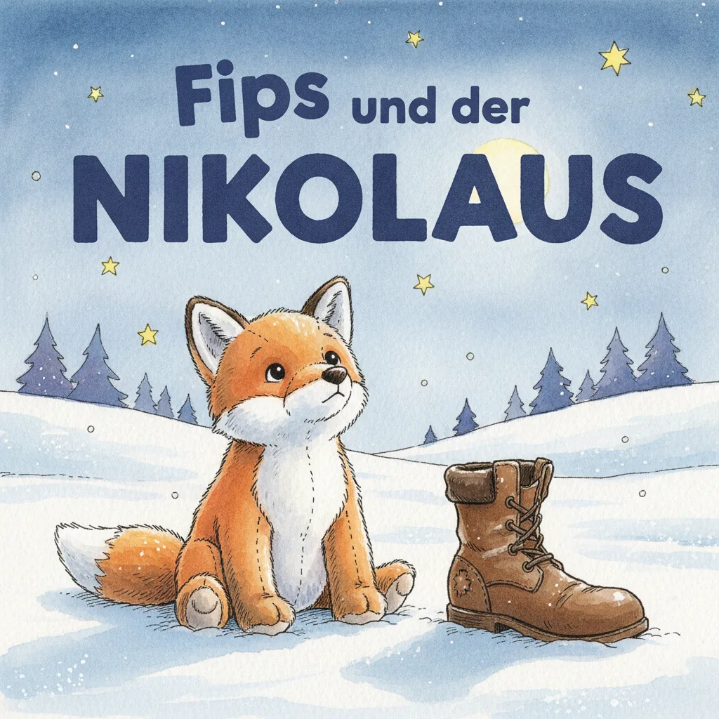 Beispiel-Buchcover „Fips und der Nikolaus" mit dem Plüsch-Fuchs als Held